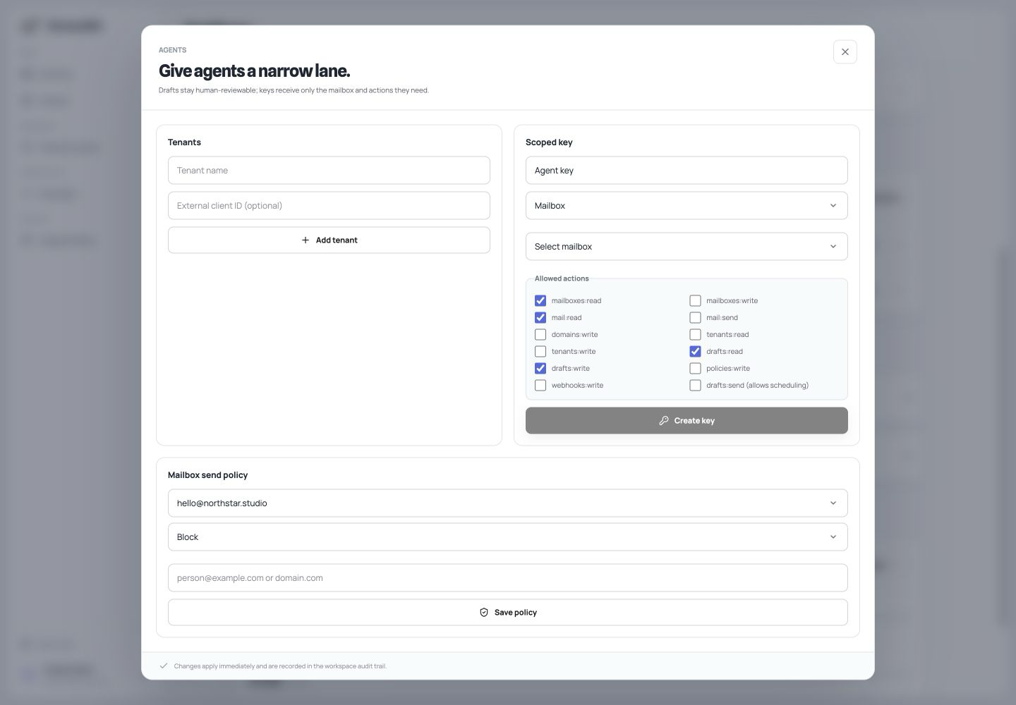 Startup Mail settings showing scoped access controls for an AI agent