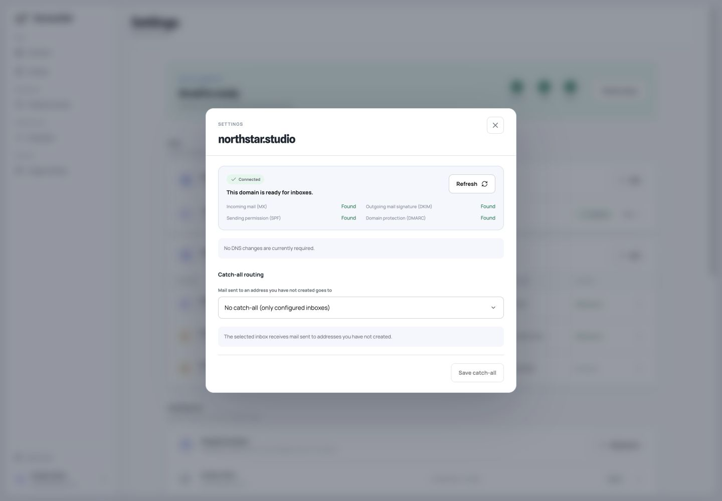 Startup Mail domain setup screen showing verified email DNS records