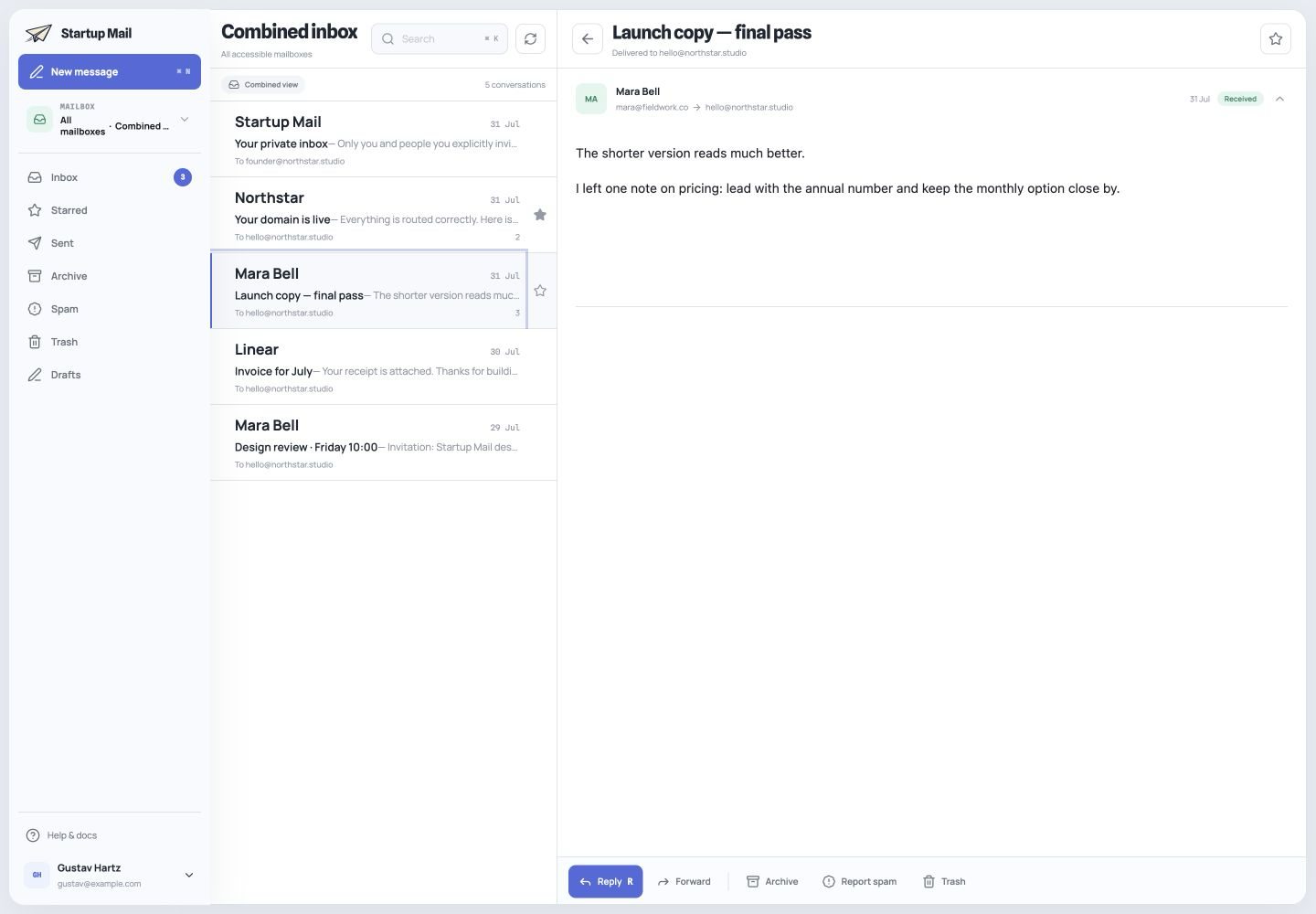 Startup Mail web inbox showing a shared company mailbox and its message threads