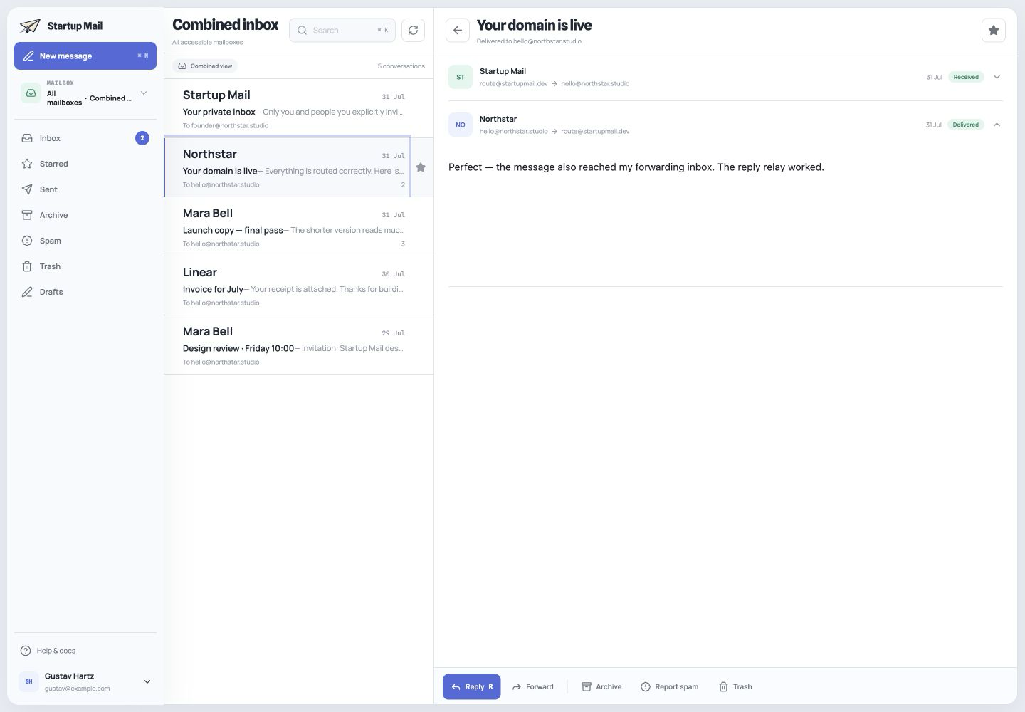Startup Mail web inbox displaying messages for a custom-domain company address